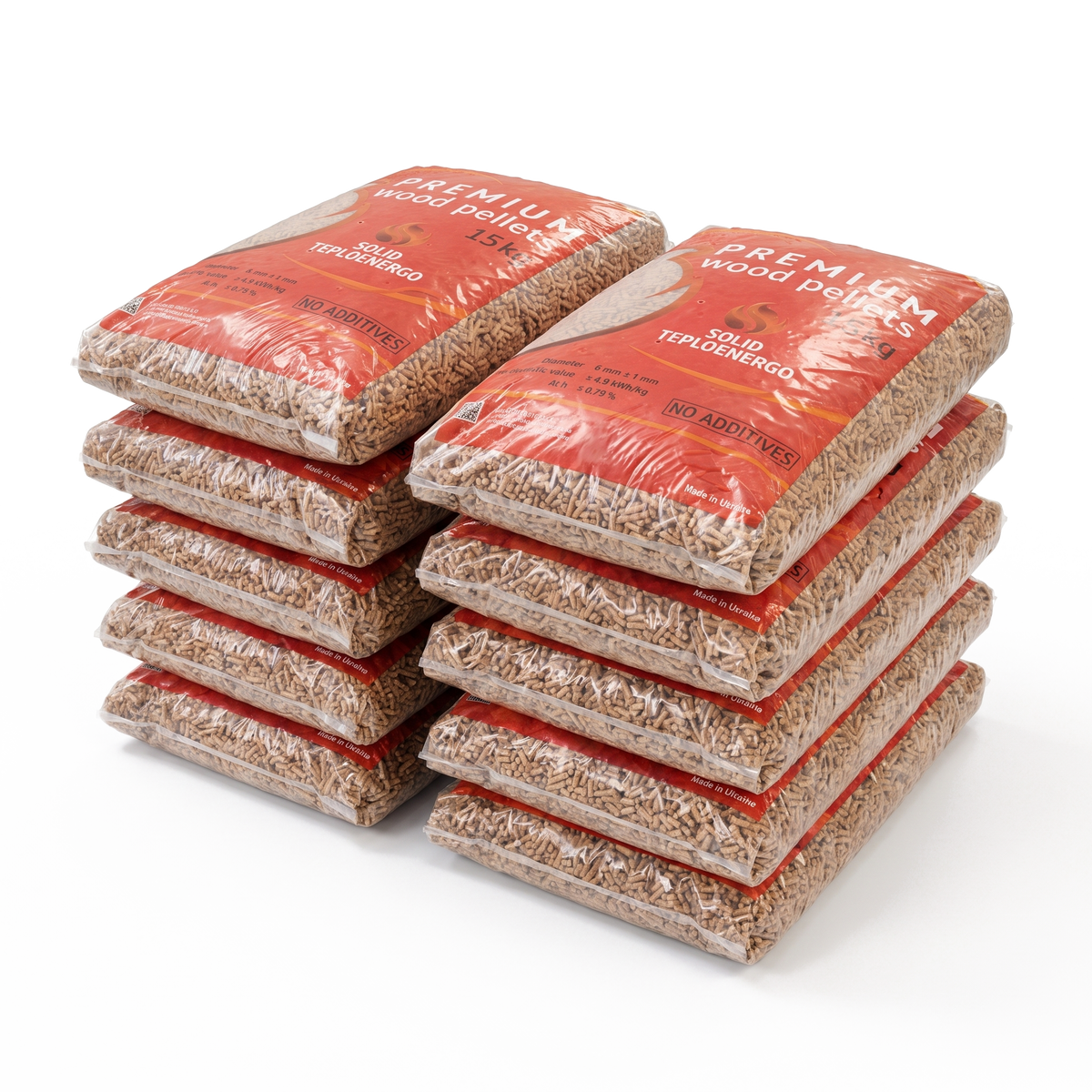 10 zakken Solid Teploenergo Premium houtpellets van 15 kg
